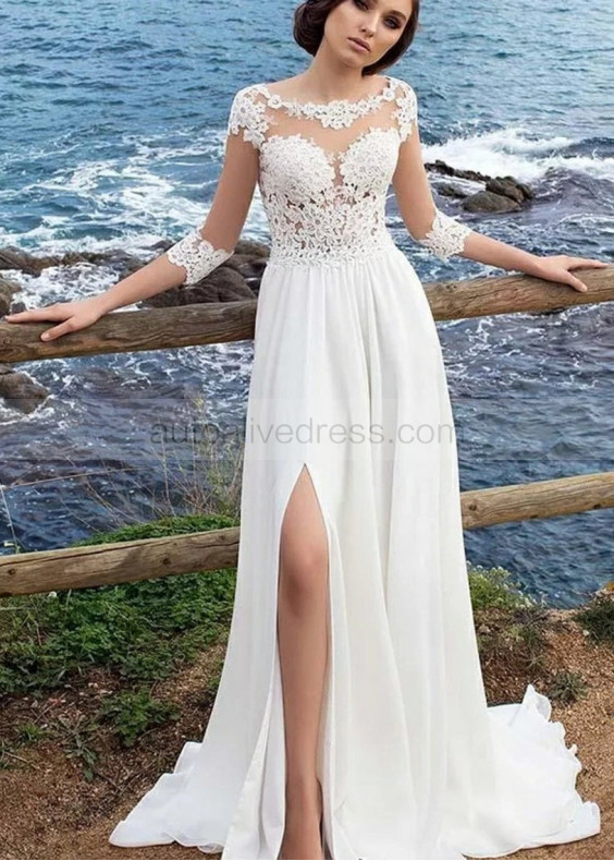 Ivory Lace Chiffon Slit Boho Beach Wedding Dress